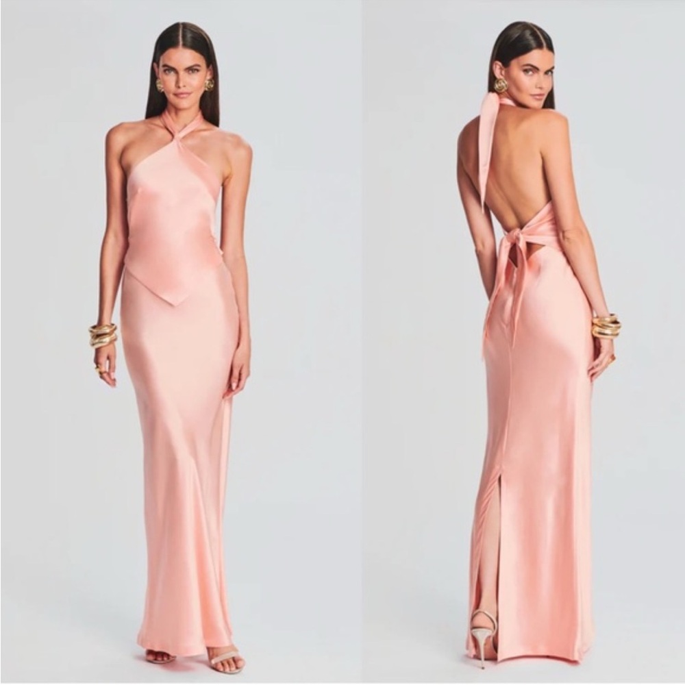 Retrofete Ester Satin Maxi Gown Size L Cantaloupe Peach Halter Dress Party Event